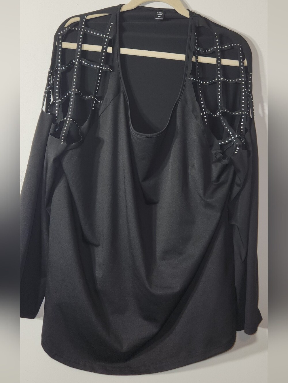 Sexy Edgy Black Rhinestone Cutout Shoulder Top Cute  4XL